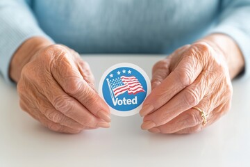 Elderly hands holding round "Voted" sticker with American flag. Symbol of democracy, civic duty, and participation in elections. Close-up with soft lighting and blurred background. AI generated