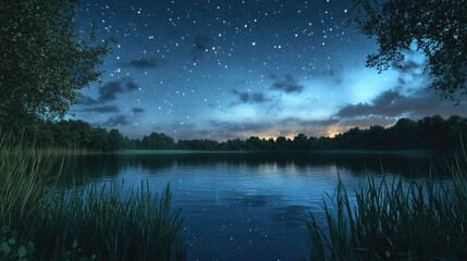 Tranquil Night by the Lake Under a Starry Sky