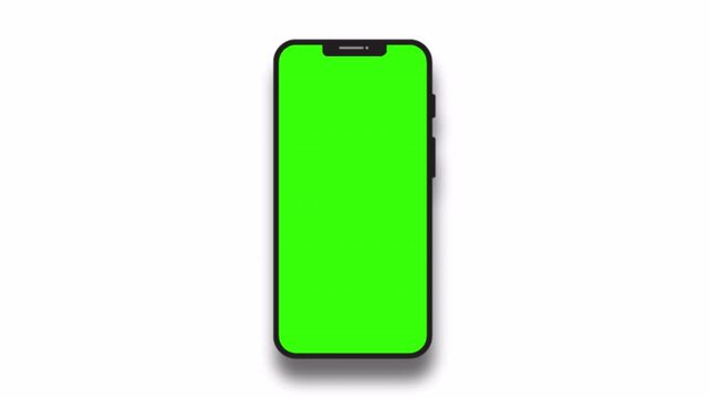 smartphone mobile mockup green screen zoom out animation on white background, smartphone with front view green screen.