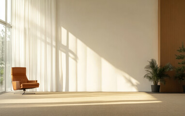 Sunlight fills a minimalistic interior with an orange chair and potted plant in a spacious room