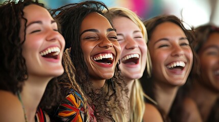 Obraz premium International day happiness: national laughter occasion, delighted people, happy women, cheerful men, pluralistic gathering, multinational inclusive festival, global harmony, polyethnic celebration