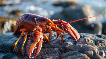 Close-up concept image of a lobster on a stone surface.