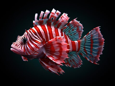Red and white lionfish swimming in dark water