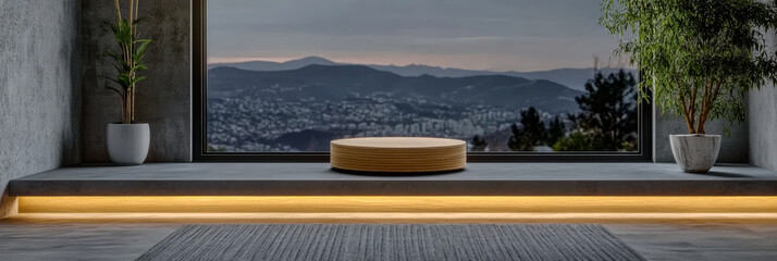 Fototapeta premium Scenic view from a modern interior with a cozy seating area and city landscape