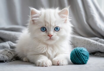 Fototapeta premium Adorable Fluffy White Kitten with Blue Eyes Posing Near Teal Yarn Ball