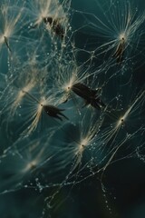 Dandelion seeds dispersing, close-up, dark background, nature design
