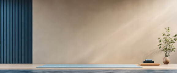 Modern yoga studio interior with calming blue tones and natural elements