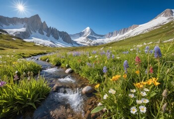 Fototapeta premium Alpine Meadow Stream with Wildflowers and Snow-capped Mountains under Sunny Sky