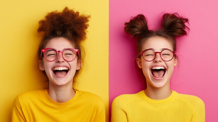 Two girls laughing joyfully with colorful hairstyles and glasses, bright backgrounds
