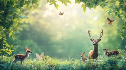 International Day of Forests scene with lush green trees and woodland creatures against a misty morning forest backdrop, macro shot, Nature Conservation style concept