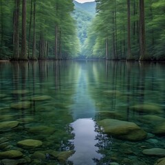 Obraz premium Serene Emerald River: Tranquil Green Trees Reflecting in Crystal Clear Waters