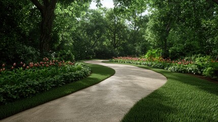 Obraz premium Curving pathway through lush green garden with flowers