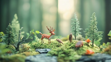 Obraz premium International Day of Forests scene with lush green trees and woodland creatures against a misty morning forest backdrop, macro shot, Nature Conservation style concept