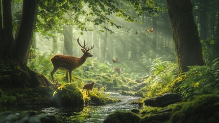 International Day of Forests scene with lush green trees and woodland creatures against a misty morning forest backdrop, macro shot, Nature Conservation style concept
