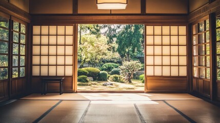 Japanese Interior with Sliding Doors and a View of a Garden