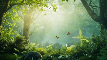 International Day of Forests scene with lush green trees and woodland creatures against a misty morning forest backdrop, macro shot, Nature Conservation style concept