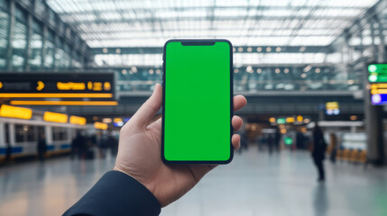 Fototapeta premium man hand holding smartphone with green screen in airport. background features blurred train platforms and modern architecture, creating sense of travel and technology