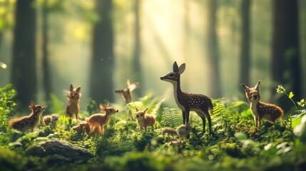 International Day of Forests scene with lush green trees and woodland creatures against a misty morning forest backdrop, macro shot, Nature Conservation style concept