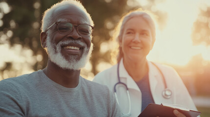 senior man smiling while doctor stands beside him, both enjoying warm moment outdoors. scene conveys sense of trust and care in healthcare setting