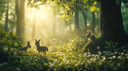 International Day of Forests scene with lush green trees and woodland creatures against a misty morning forest backdrop, macro shot, Nature Conservation style concept