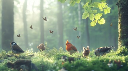 International Day of Forests scene with lush green trees and woodland creatures against a misty morning forest backdrop, macro shot, Nature Conservation style concept