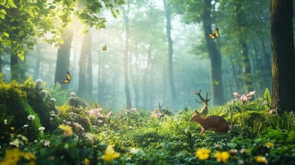 International Day of Forests scene with lush green trees and woodland creatures against a misty morning forest backdrop, macro shot, Nature Conservation style concept