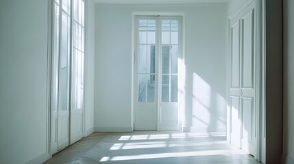 Obraz premium a bright, empty hallway with white walls, doors, and windows. Sunlight streams through the windows, casting shadows on the floor.