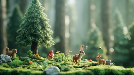 International Day of Forests scene with lush green trees and woodland creatures against a misty morning forest backdrop, macro shot, Nature Conservation style concept