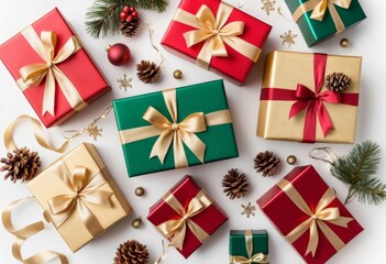 Christmas Gift Boxes with Gold and Red Ribbons, Pine Cones, and Festive Decorations on White Background