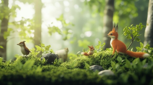 International Day of Forests scene with lush green trees and woodland creatures against a misty morning forest backdrop, macro shot, Nature Conservation style concept - Powered by Adobe