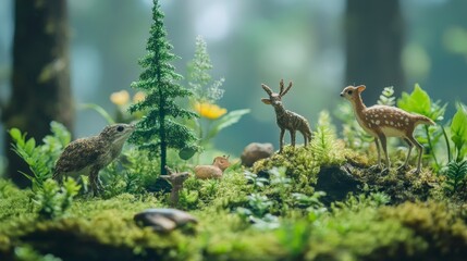 International Day of Forests scene with lush green trees and woodland creatures against a misty morning forest backdrop, macro shot, Nature Conservation style concept