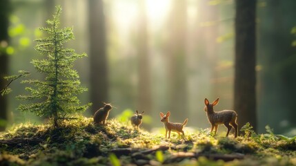 International Day of Forests scene with lush green trees and woodland creatures against a misty morning forest backdrop, macro shot, Nature Conservation style concept