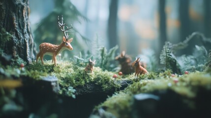 Obraz premium International Day of Forests scene with lush green trees and woodland creatures against a misty morning forest backdrop, macro shot, Nature Conservation style concept