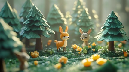 International Day of Forests scene with lush green trees and woodland creatures against a misty morning forest backdrop, macro shot, Nature Conservation style concept