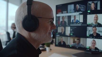 Focused elderly man wearing headphones during video conference, engaged with multiple participants on screen, showcasing modern remote communication