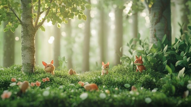 International Day of Forests scene with lush green trees and woodland creatures against a misty morning forest backdrop, macro shot, Nature Conservation style concept