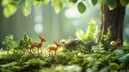 International Day of Forests scene with lush green trees and woodland creatures against a misty morning forest backdrop, macro shot, Nature Conservation style concept