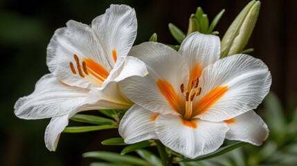 Fototapeta premium Close-up of two white lilies with orange centers