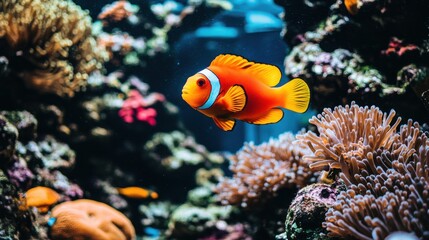 Obraz premium Vibrant orange fish swimming amidst colorful coral reef.