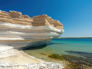 Striped cliff face meets calm turquoise water