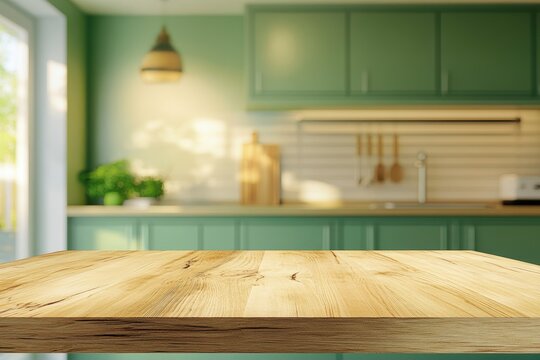 Sunny kitchen, wooden table, display, product placement
