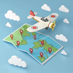 3D Render Airplane Flying Over Location Map with Pins, Travel Planning Concept, Isometric View. Travel,Journey