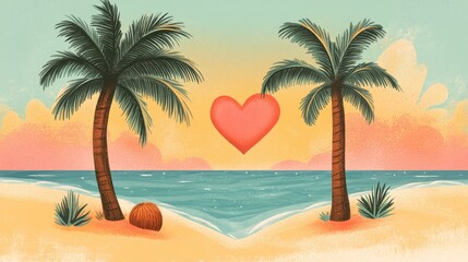 Naklejka premium Romantic sunset beach scene tropical paradise digital art relaxing atmosphere love concept