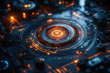 An abstract image of a robot?? gear system, illuminated in a high-tech setting