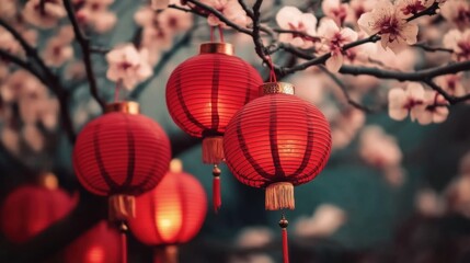 Glowing red Chinese lanterns set amidst a floral background. Perfect for web banners, illustrations, and postcard themes celebrating Chinese New Year festivities.