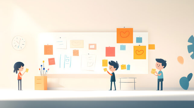 A modern classroom with students writing and sharing compliment notes, their faces glowing with joy, colorful drawings and kind words filling a whiteboard.