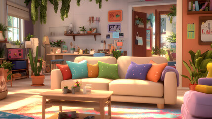 A warm family gathering in a living room, where family members are giving heartfelt compliments, sitting on a cozy sofa, surrounded by colorful cushions and indoor plants.