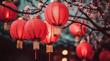Glowing red Chinese lanterns set amidst a floral background. Perfect for web banners, illustrations, and postcard themes celebrating Chinese New Year festivities.