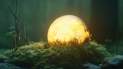 A luminescent orb covered in soft moss on a muted green background