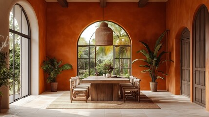 Fototapeta premium A large room with a wooden table and chairs, and a hanging lamp. The room is orange and has a tropical feel